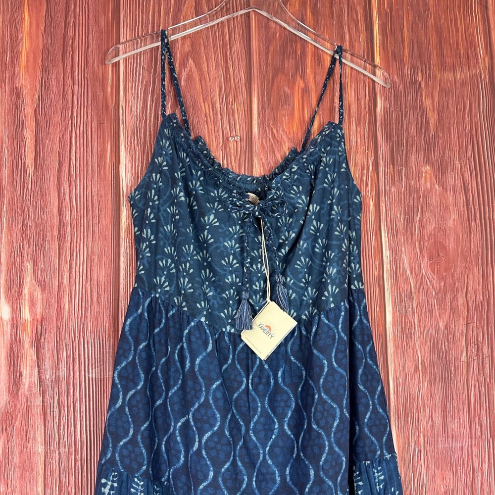 FAHERTY Sun Chaser Organic Cotton Silk Sunburst Tassel Boho Tiered Maxi Dress - Picture 4 of 9